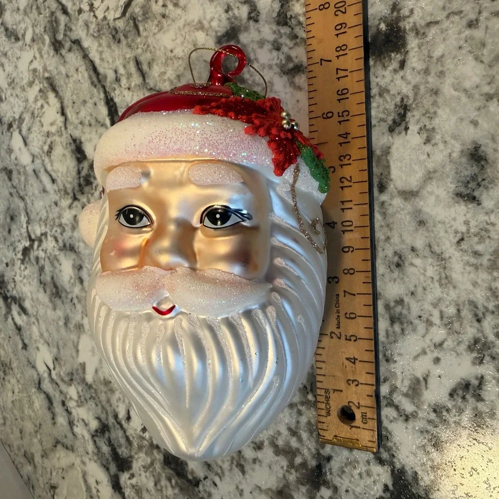 Large Glass Santa Claus Head Christmas Ornament Poinsettia Glitter Red 7